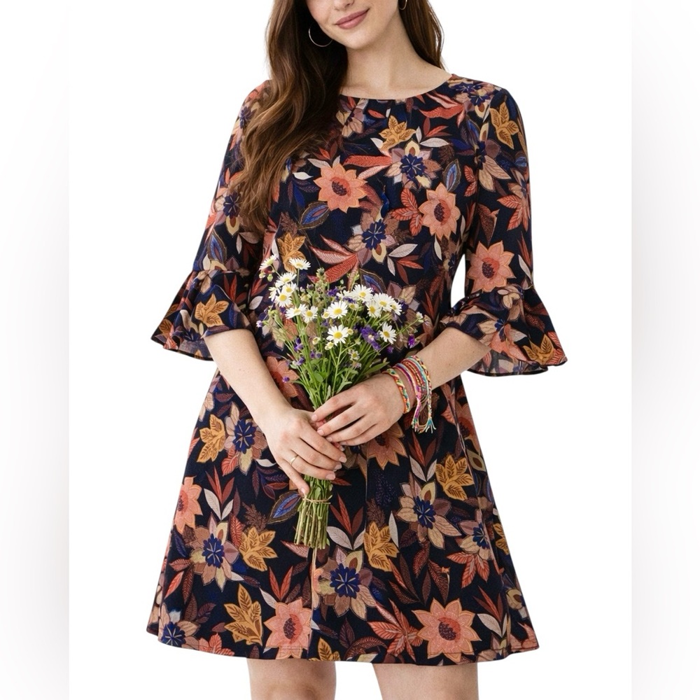 Boho Floral Mini Dress Bell Sleeve Pockets Pit to Pit 22.5” Size L 🚨